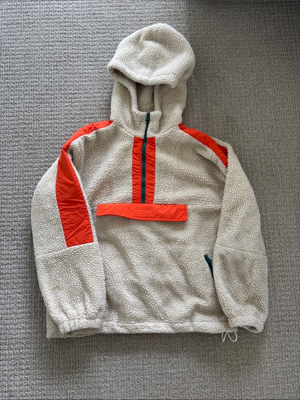 Urban Outfitters Cream Sherpa Pullover Hoodie with Orange Trim